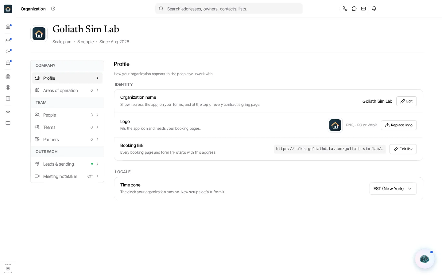 Organization settings on the Profile panel, with Company, Team and Outreach panels listed down the side.