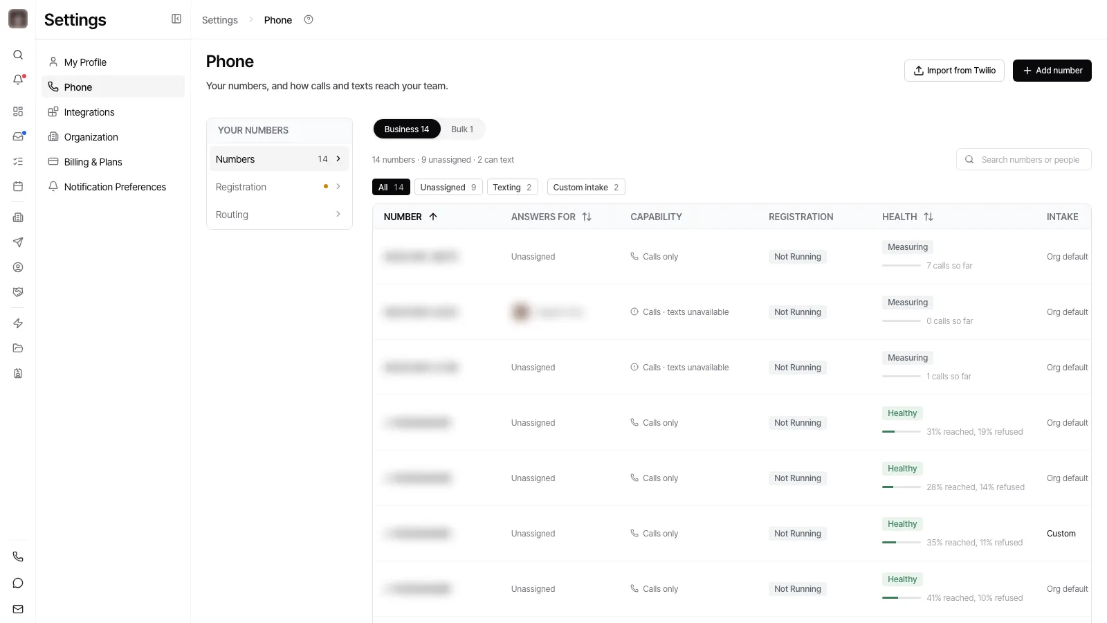 The Phone settings page: Numbers, Registration and Routing listed down the side, and a table of the numbers with their capability, registration and health.