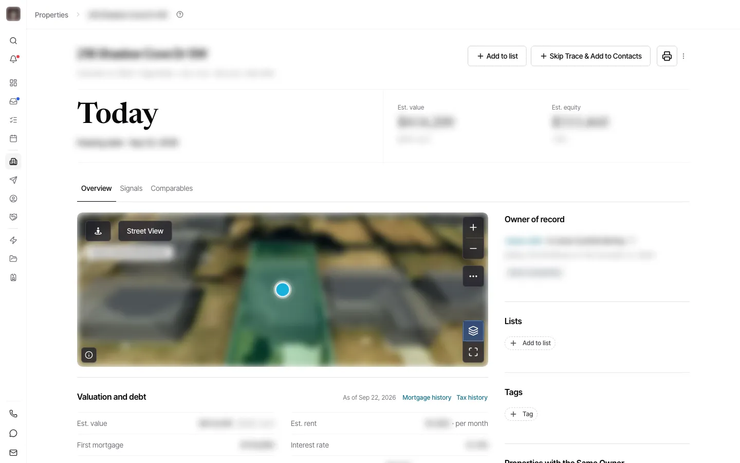 The top of the redesigned property page: the header and its actions, the Today band, the Overview, Signals and Comparables tabs, an aerial map of the parcel, and the start of the valuation and debt figures.