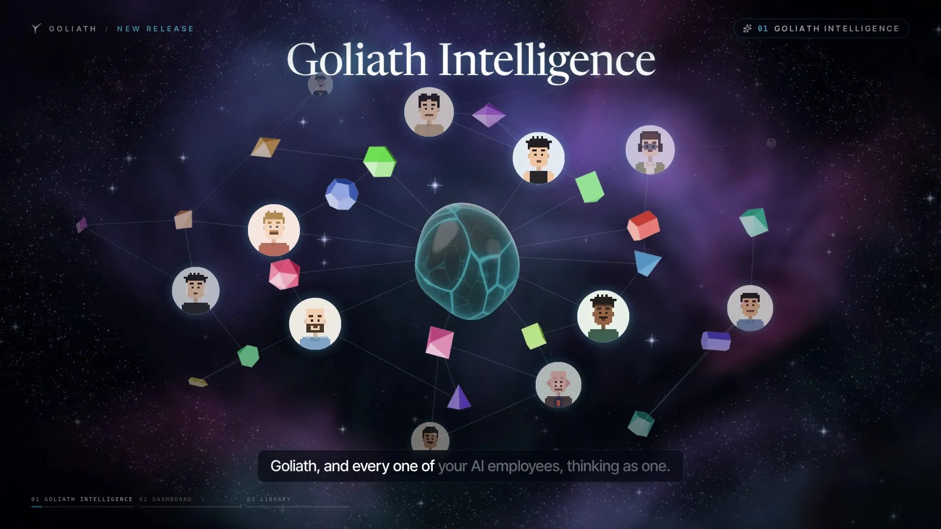 A frame from the release film: Goliath Intelligence, a glass stone at the center of a network of every AI employee, solid shapes and pixel people, linked by lines of light.